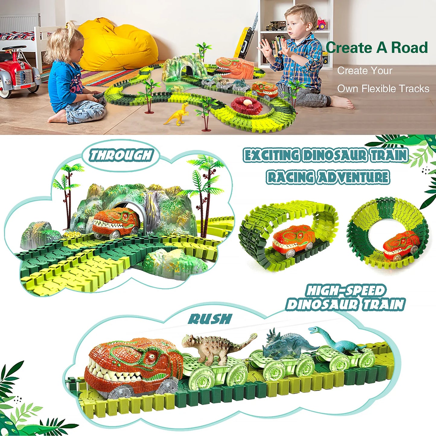 Kids Dinosaur Adventure Track Playset – Flexible Racing Car Toy